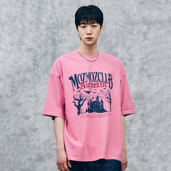 MOZMOZ 男女通用 Pigment Nightmare 寬鬆版型短袖T恤, 粉紅色
