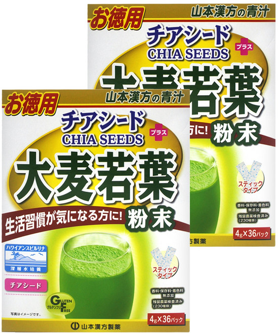 YAMAKAN 山本漢方 日本大麥若葉粉末 + 奇亞籽 4g 36包, 144g, 2盒