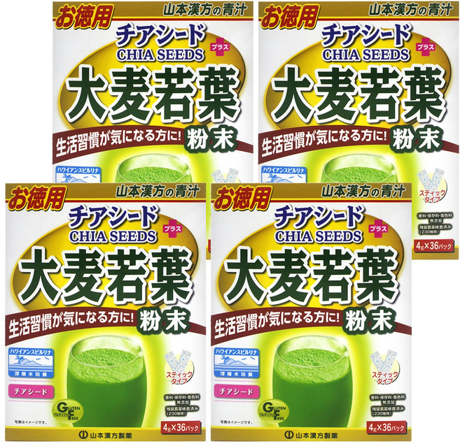 YAMAKAN 山本漢方 日本大麥若葉粉末 + 奇亞籽 4g 36包, 144g, 4盒