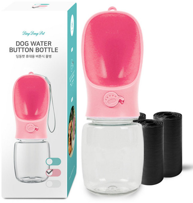 딩동펫 반려동물 휴대용 버튼식 물병 350ml + 풉백 3롤 세트, 핑크, 1세트