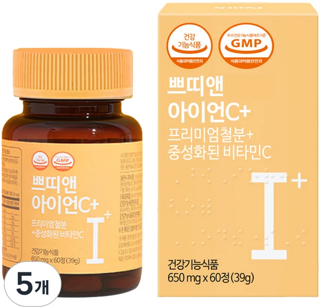 쁘띠앤 아이언씨+ 프리미엄 철분 중성화된 비타민씨 영양제, 60정, 5개 - 쿠팡