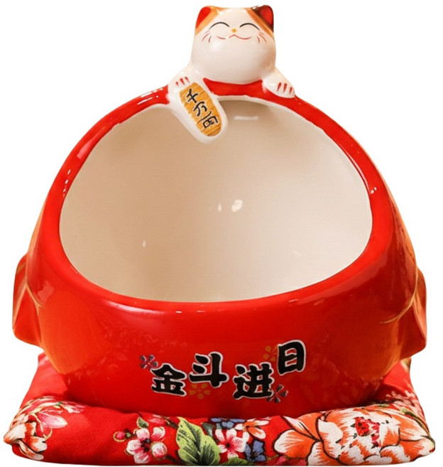 摩達客 開運招財 大嘴金魚招財貓 陶瓷糖果罐 附坐墊, 紅色