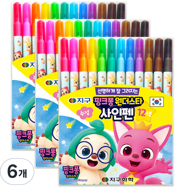 지구화학 핑크퐁 원더스타 사인펜 12색, 혼합색상, 6개