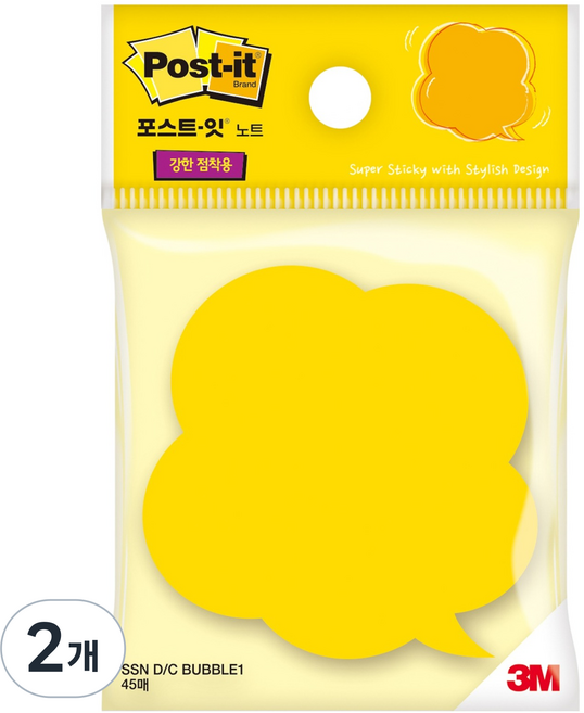 포스트잇 강한점착용 노트 SSN DC 말풍선 27_3M, 노랑, 45개입, 2개