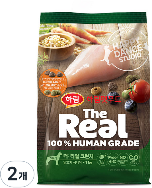 하림펫푸드 더리얼 크런치 시니어 강아지사료, 닭, 1kg, 2개