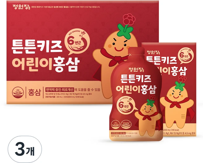 정원장 튼튼키즈 어린이 홍삼, 600ml, 3개 - 쿠팡