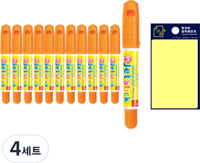 동아 고체형광펜 제트스틱 12p + 투코비 스티키 메모패드 세트, 주황(제트스틱), 노랑(포스트인), 4세트