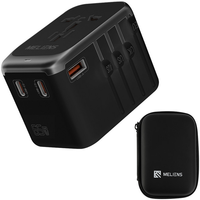 Meliens 海外旅行用多功能轉接頭 Pro ML-OL2 GaN 雙孔超高速充電 黑色 PD65W, 1個
