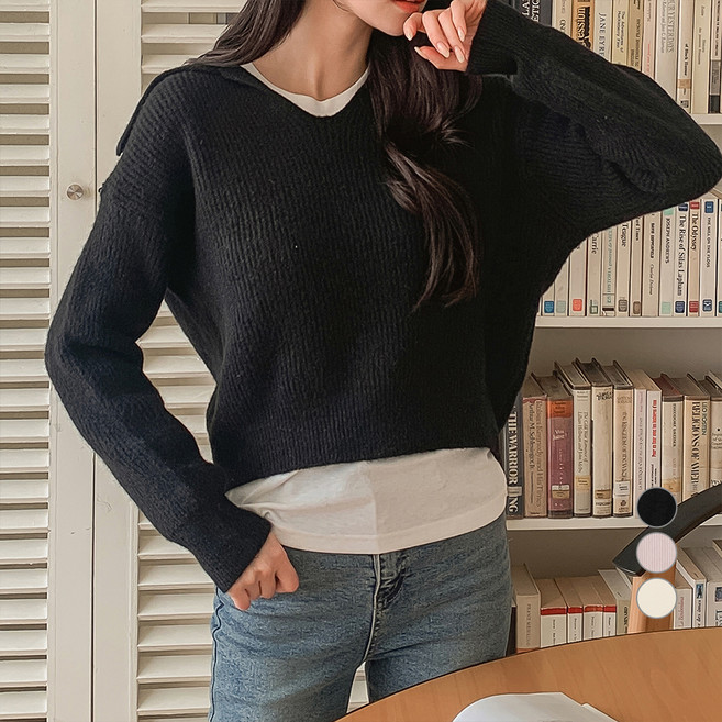 afinar 女款柔軟觸感大翻領V領針織毛衣