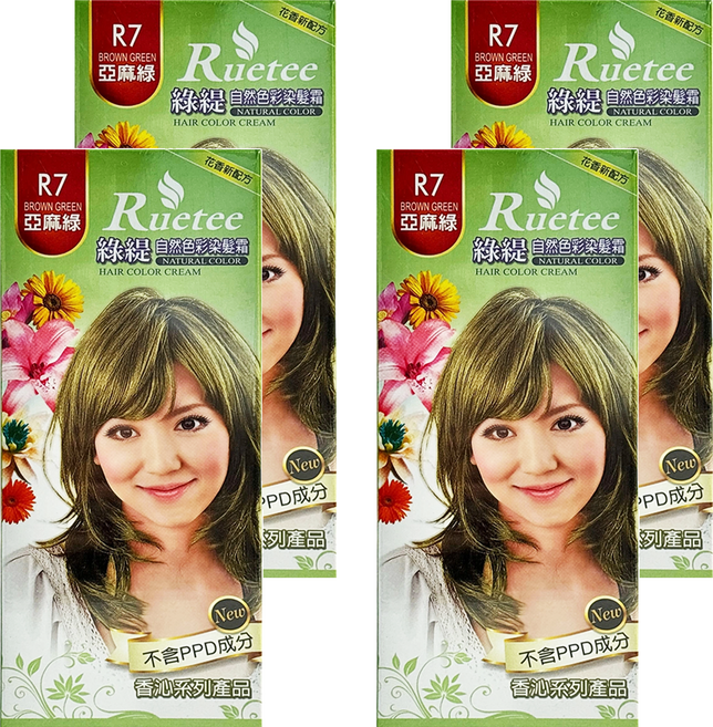 Ruetee 綠緹 自然色彩染髮霜 第一劑 40g + 第二劑 40g, R7 亞麻綠, 4盒