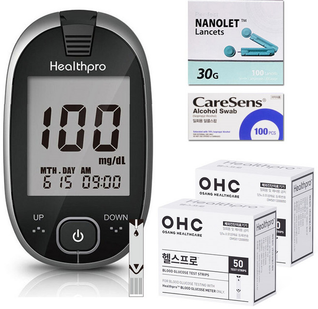 오상헬스케어 헬스프로 혈당측정기 + 혈당 검사지 100p + 채혈침 110p + 알콜솜 100p 세트, IGM-0028A, 1개