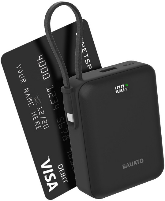 바우아토 포켓쉴 케이블 일체형 미니 대용량 보조배터리 10000mAh C타입, D-B-0257, 블랙