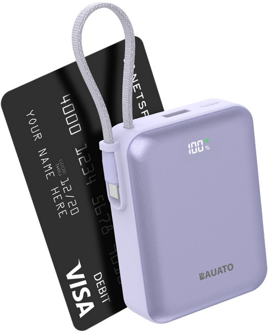 바우아토 포켓쉴 케이블 일체형 미니 대용량 보조배터리 10000mAh C타입, D-B-0260, 파스텔퍼플