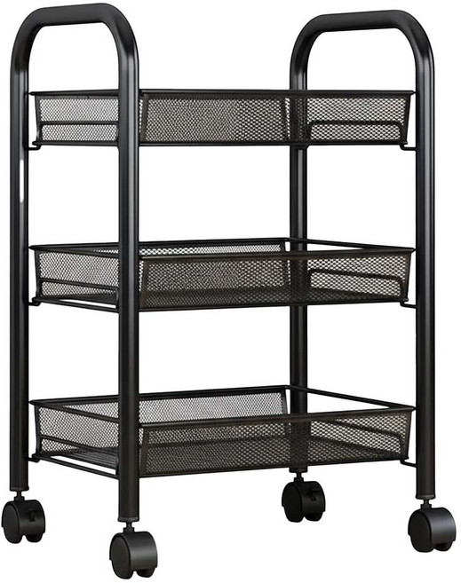 網籃置物推車 帶輪子 多層置物架 碳鋼材質 廚房收納, 基礎黑, 3層