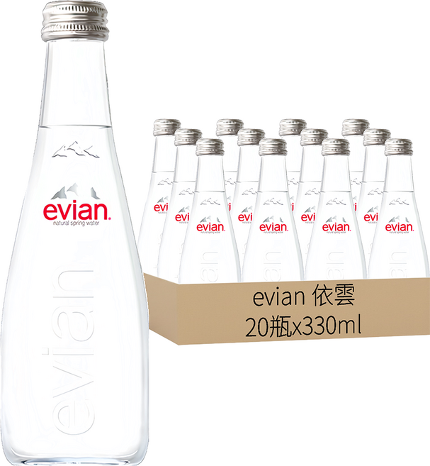 evian 依雲 台灣公司貨 天然礦泉水 玻璃瓶, 330ml, 20瓶