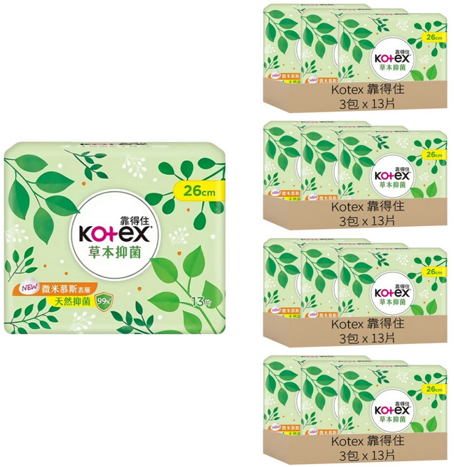 Kotex 靠得住 草本抑菌衛生棉, 日用量多型 26cm, 13片, 12包