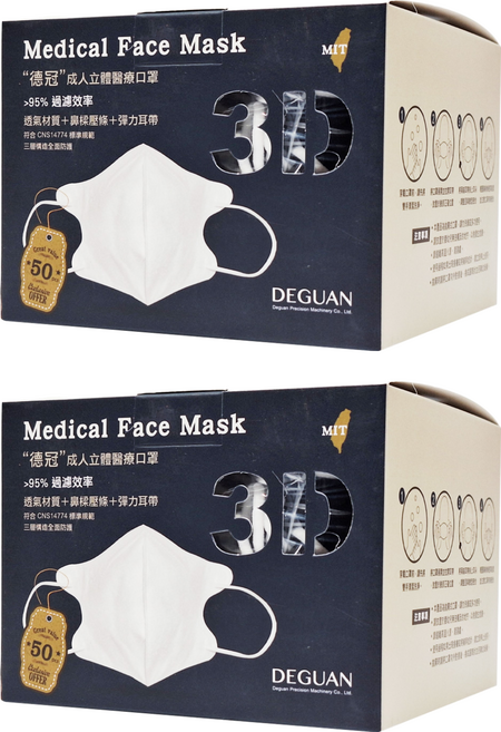 Deguan 德冠 零觸感成人3D立體醫用口罩, 莫迪藍, 50片, 2盒