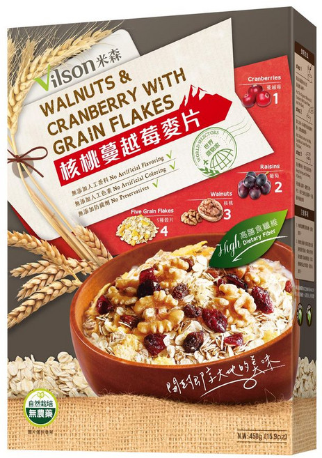Vilson 米森 核桃蔓越莓麥片, 450g, 1盒