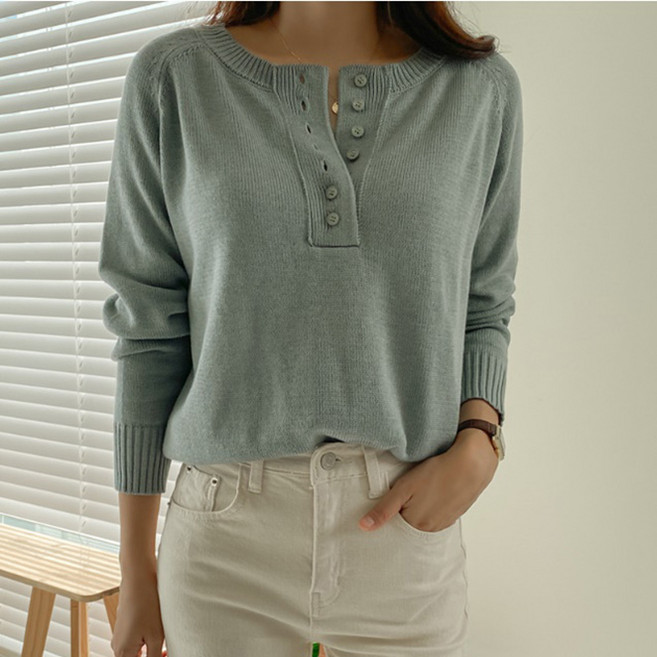 화이트폭스 여성용 미니 버튼 데일리 니트 티셔츠