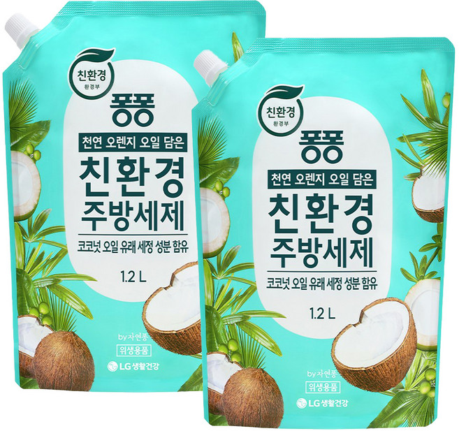 퐁퐁 친환경 주방세제 코코넛 리필, 1.2L, 2개