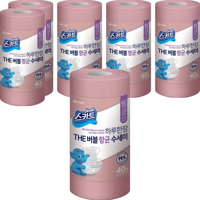 스카트 하루한장 THE 버블 항균 수세미, 로즈핑크, 40개, 6개