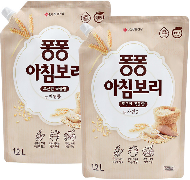 퐁퐁 주방세제 아침보리 리필, 1.2L, 2개