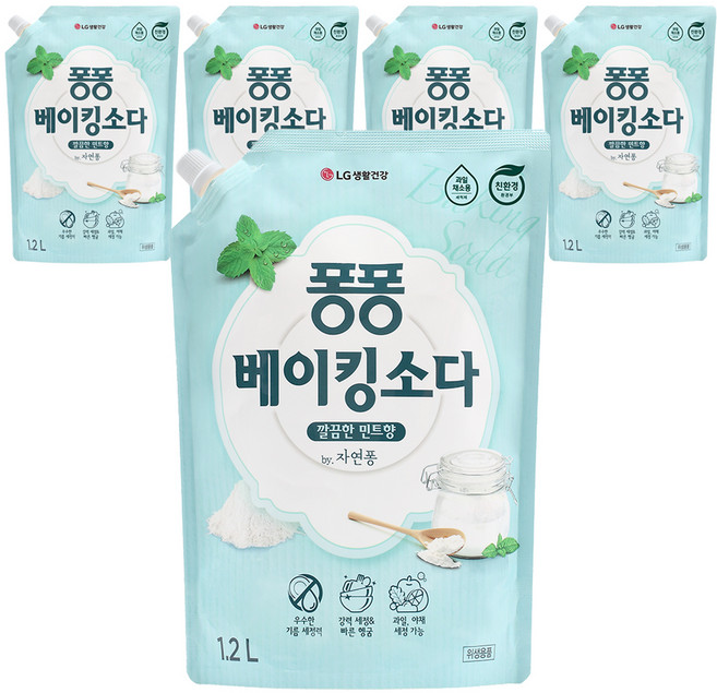 퐁퐁 베이킹소다 주방세제 깔끔한 민트향 리필형, 1.2L, 5개