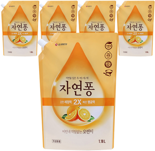 [비건라이프] 자연퐁 비린내 걱정없는 오렌지 주방세제 리필, 1.18L, 5개