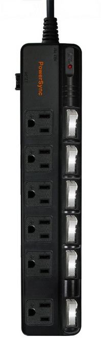 PowerSync 群加 6開6插斜面開關防雷擊抗搖擺延長線 3孔 TPS366BN0018, 1.8m, 黑色, 1個