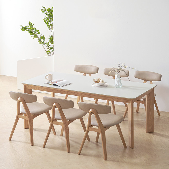 보니애가구 마세린 애쉬원목 세라믹 1800 식탁 + 의자 6인용 세트 방문설치, 마블연그레이 + 아이보리 + 네추럴, 일반의자 6