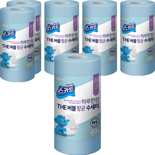 스카트 하루한장 THE 버블 항균 수세미, 스카이블루, 40개, 6개