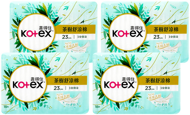 Kotex 靠得住 茶樹舒涼 涼感衛生棉 3分微涼 護翼型, 日用一般型 23cm, 18片, 4包