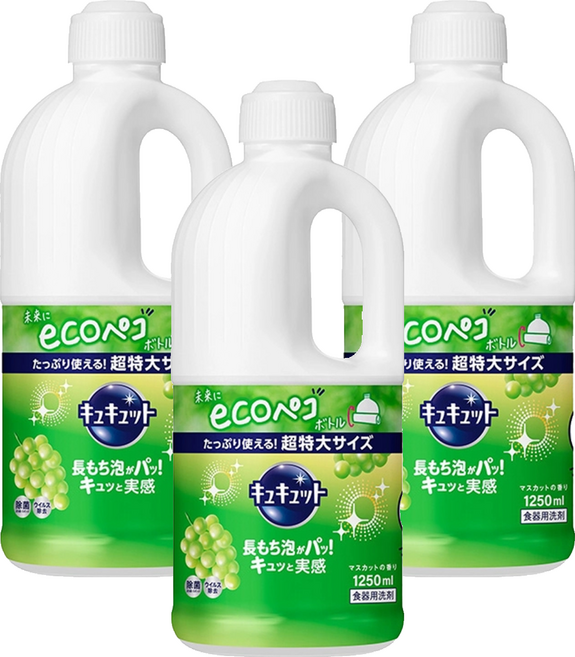 Kao 花王 Cucute 珂珂透 餐具洗碗精補充瓶 麝香葡萄, 1.25L, 3瓶
