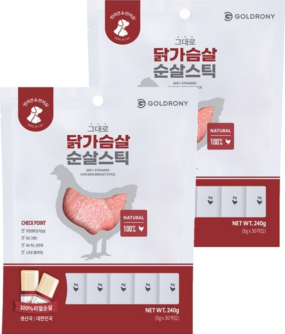 골드로니 반려동물 그대로 순살스틱 간식 30p, 닭가슴살, 240g, 2개