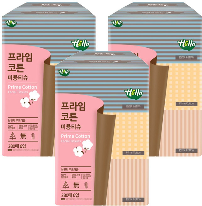 헬로 프라임 코튼 미용티슈, 280매, 18개