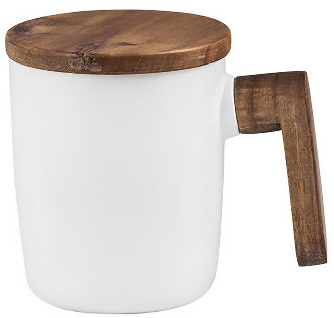 良瑞軒有限公司 北歐風原木杯蓋陶瓷馬克杯, 消光白, 1個