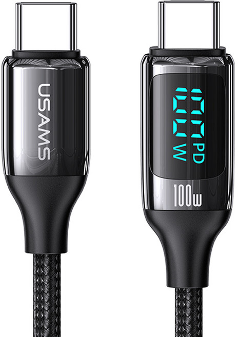 USAMS 優勝仕 Type-C to Type-C 附顯示螢幕 PD高速充電與數據傳輸線 100W US-SJ546, 1.2m, 黑色, 1個