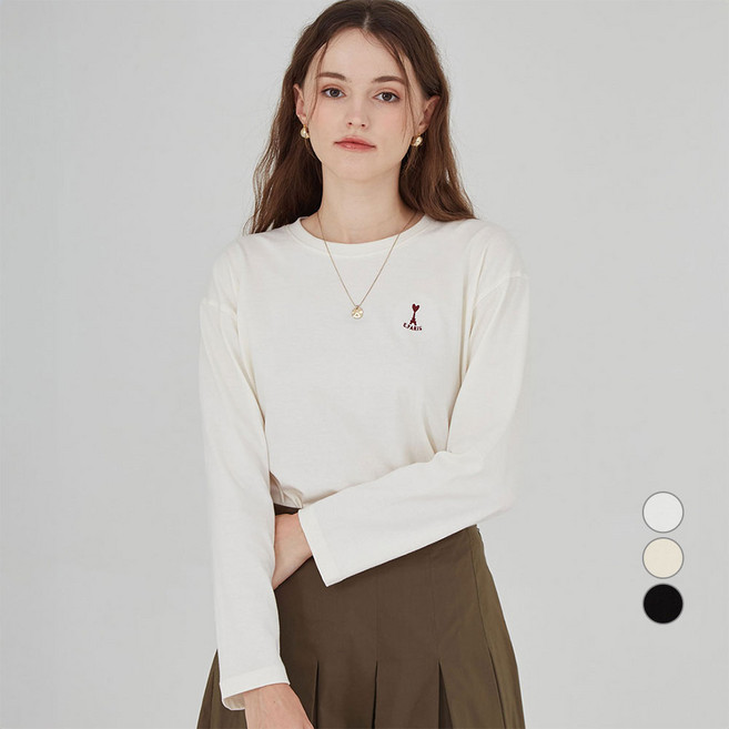 ELLE PARIS 여성용 Heart Eiffel 자수 긴팔 티셔츠