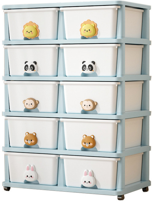 STYLE 格調 34面寬 可愛動物把手多功能收納櫃 雙邊五層櫃 PP-2L5, 白色 + 藍色
