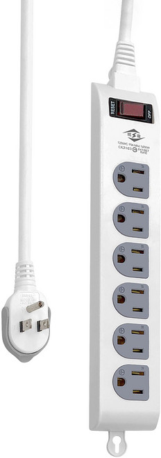 WeiTien 威電 1開6座電源線組 3孔 過載自動斷電 防雷擊突波吸收 阻燃防火PC料 輕壓拔薄型插頭, 4.5m, 白色, 1個