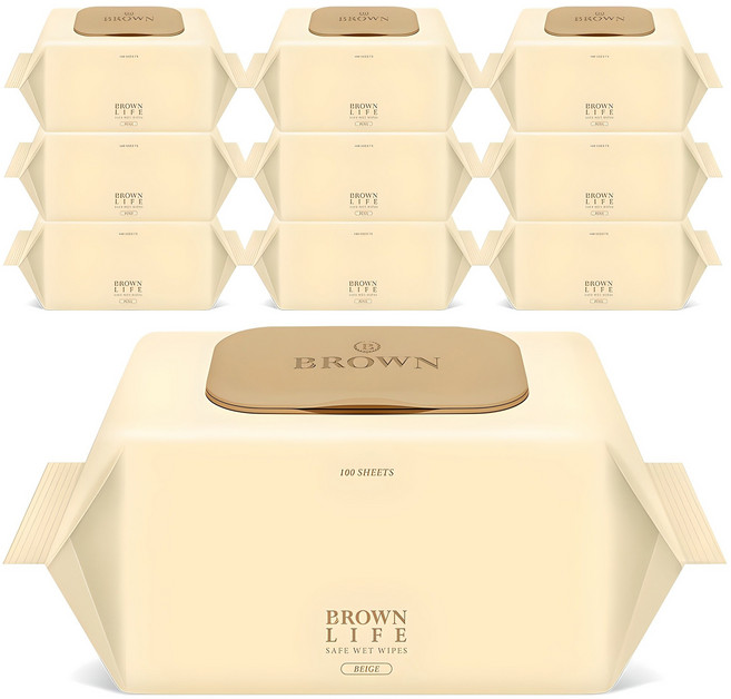 브라운라이프 베이지 도톰한 대용량 엠보싱 저자극 아기물티슈 캡형, 50g, 100매, 10개