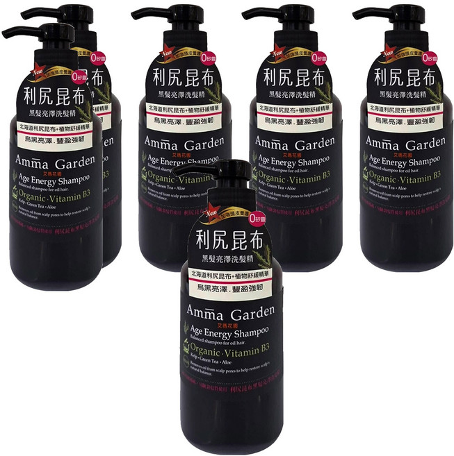 Amma Garden 艾瑪花園 黑髮亮澤洗髮精 利尻昆布 適合髮根稀疏/易斷裂髮質 含有機植物精華, 500ml, 6件