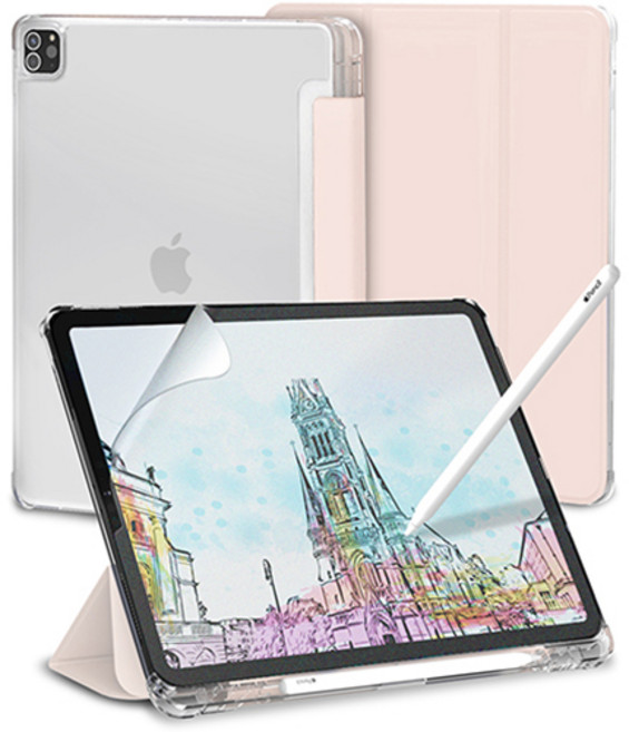 신지모루 클리어 애플펜슬 수납 태블릿PC 케이스 + 종이질감 액정보호 필름 세트, 핑크샌드, 1개