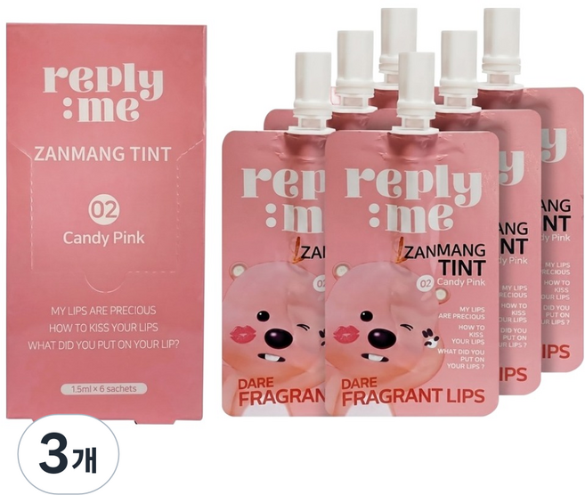 리플라이미 잔망루피 파우치 립틴트 1.5ml x 6p, 02 캔디 핑크, 3개