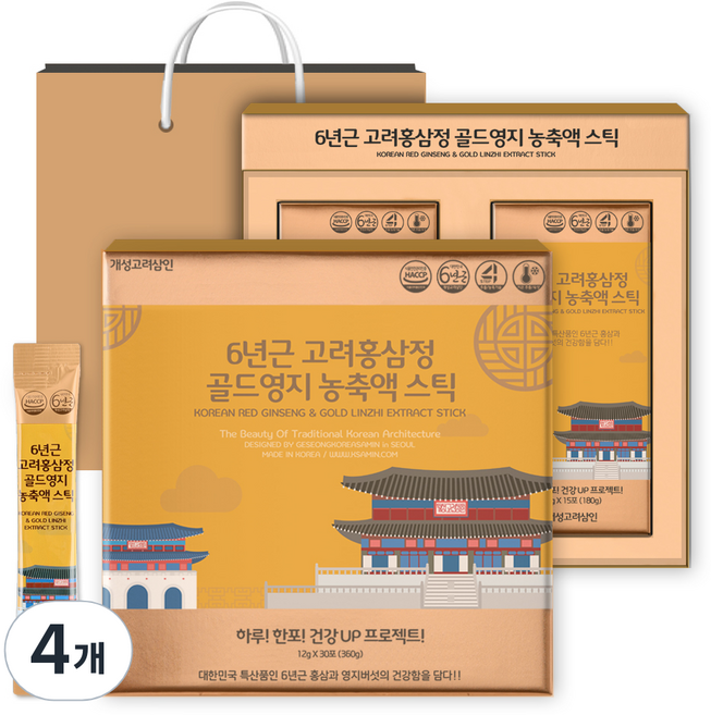 개성고려삼인 6년근 고려홍삼정 골드영지 농축액 스틱 12g x 30p + 쇼핑백 세트, 360g, 4개