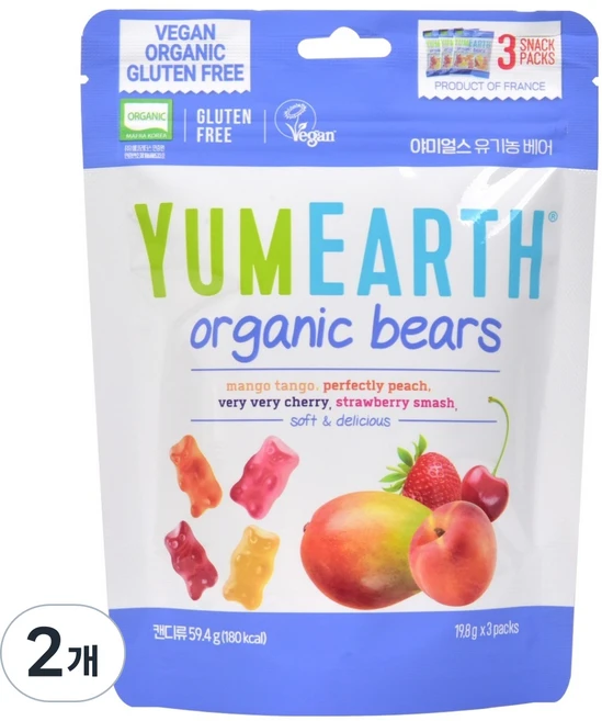 야미얼스 유기농 베어 젤리, 59.4g, 혼합맛(딸기/망고/체리/복숭아), 2개 - 쿠팡
