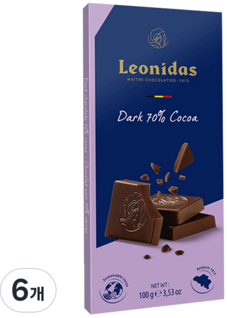 레오니다스 타블릿 다크 초콜릿, 100g, 6개
