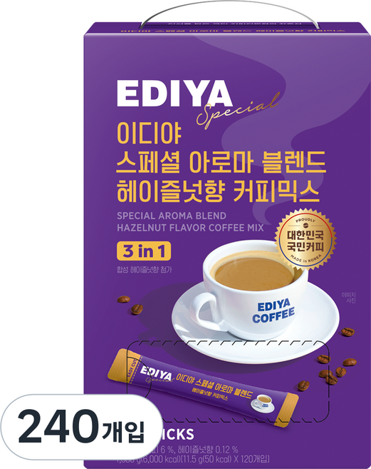 이디야 스페셜 아로마 블렌드 헤이즐넛향 커피믹스, 11.5g, 1개입, 240개