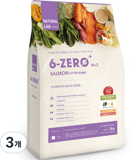 네츄럴랩 전연령 6 ZERO PLUS CAT 2 건식사료, 가수분해 연어, 2kg, 3개