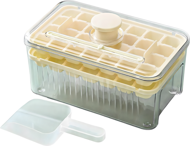 Couselect 食品級雙層按壓式製冰盒 56格 附冰鏟, 1個, 黃色